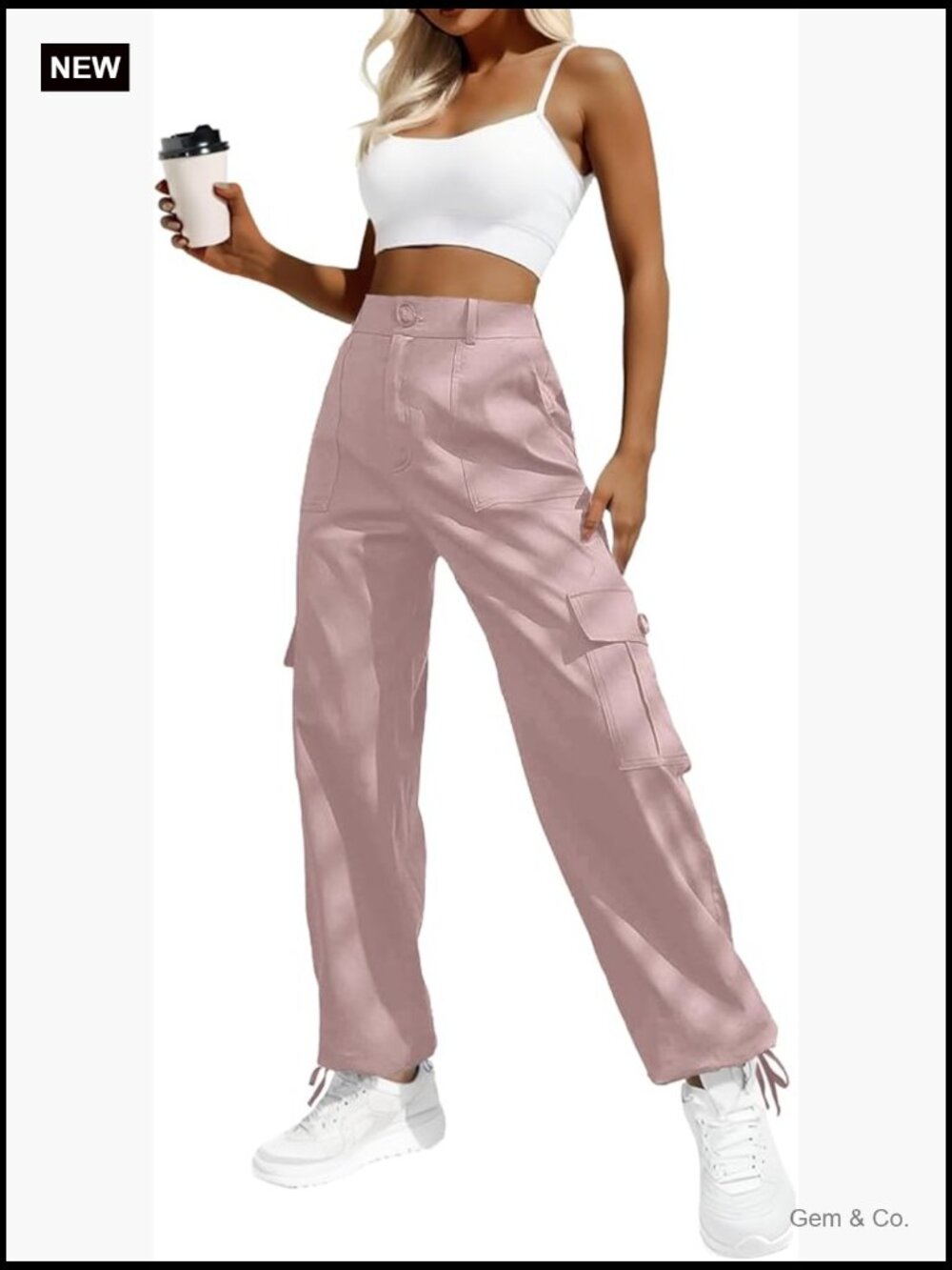 High Waisted Cargo Pants Baggy Stretchy 6 Pockets Drawstring Ankle Cuffs Y2K - Picture 1 of 7